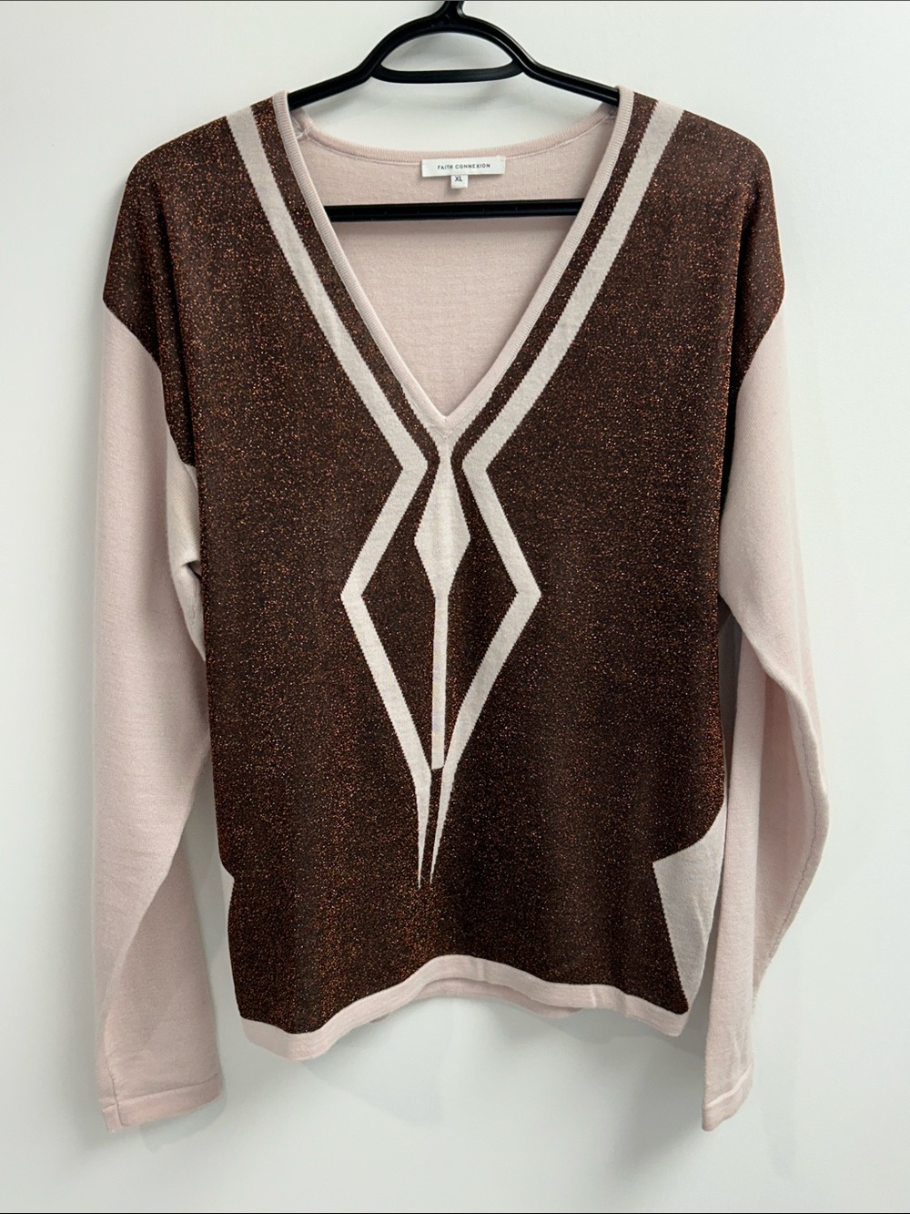 Faith Connexion Blush V-Neck Sweater with Brown Metallic Geometric Motif